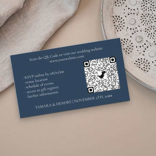 Navy Blue Online RSVP QR Code Weddenschap Informatiekaartje