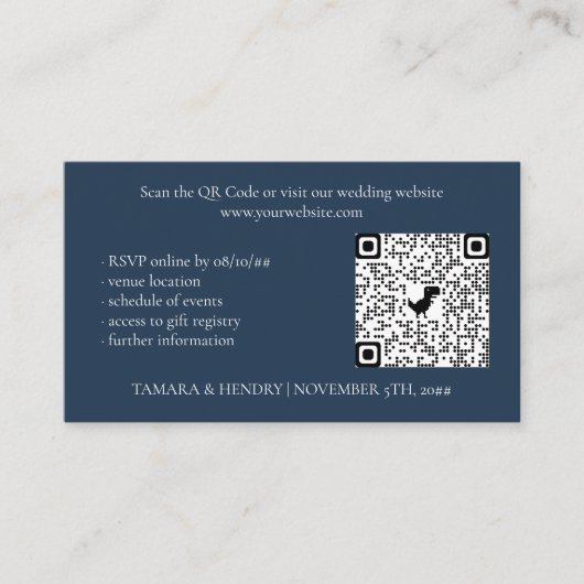 Navy Blue Online RSVP QR Code Weddenschap Informatiekaartje (Voorkant)