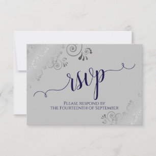 Navy Blue op Gray Silver Lace Calligraphy Wedding RSVP Kaartje