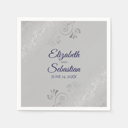 Navy Blue op Grey Silver Frills Elegant Wedding Servet (Voorkant)