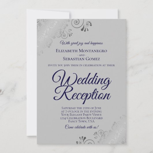 Navy Blue op Grey Silver Frills Wedding Reception Kaart (Voorkant)