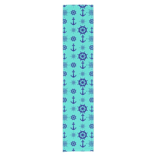 Navy Blue op Turquoise Nautical Pattern Korte Tafelloper (Voorkant)
