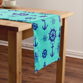 Navy Blue op Turquoise Nautical Pattern Korte Tafelloper (Voorbeeld)