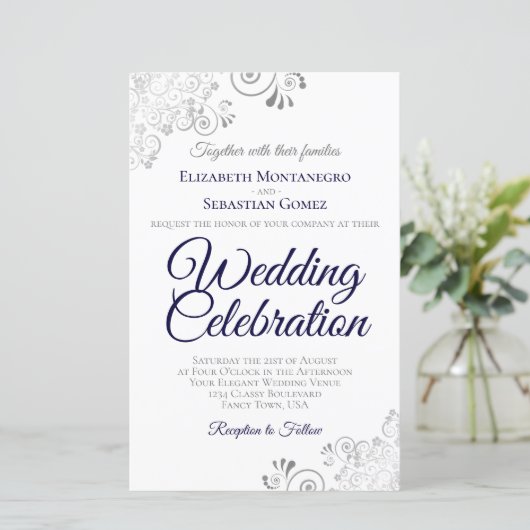 Navy Blue op White BUDGET Wedding Invite Large (Staand voorkant)