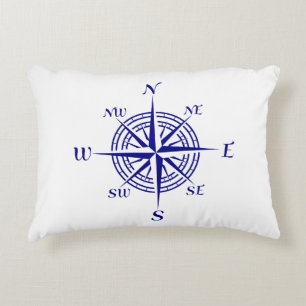 Navy Blue op White Coastal Decor Compass Roos Accent Kussen