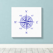 Navy Blue op White Coastal Decor Compass Roos Canvas Afdruk (Insitu (Houten vloer))