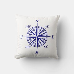 Navy Blue op White Coastal Decor Compass Roos Kussen