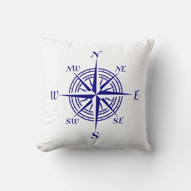 Navy Blue op White Coastal Decor Compass Roos Kussen (Voorkant)