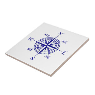 Navy Blue op White Coastal Decor Compass Roos Tegeltje