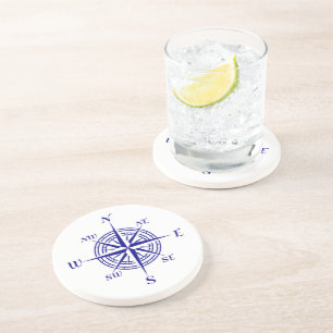 Navy Blue op White Coastal Decor Compass Roos Zandsteen Onderzetter