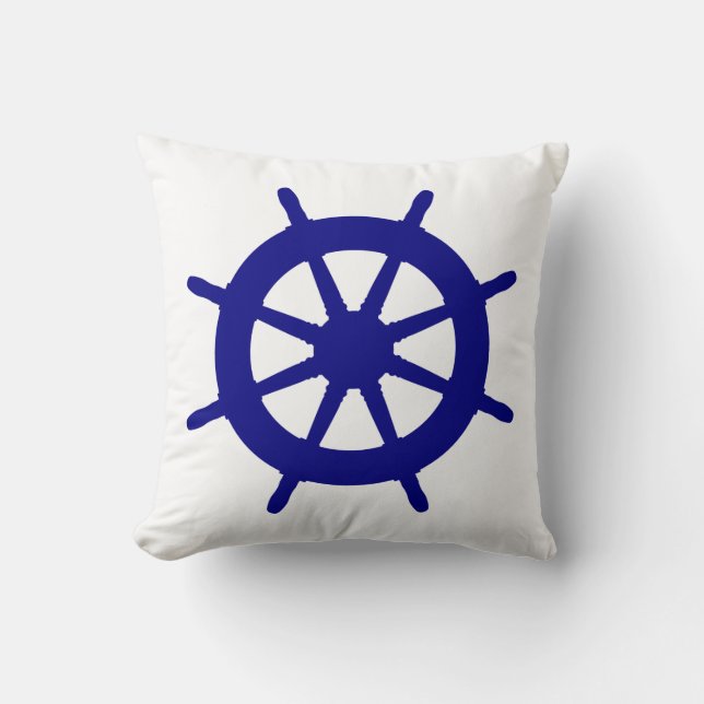 Navy Blue op White Coastal Decor Ship Wheel Kussen (Voorkant)