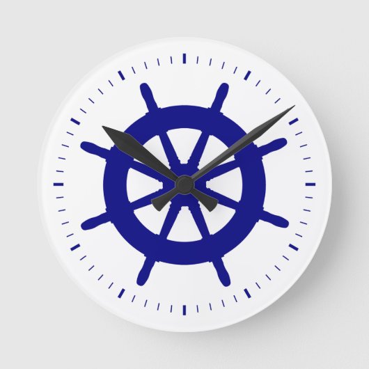 Navy Blue op White Coastal Decor Ship Wheel Ronde Klok (Voorkant)