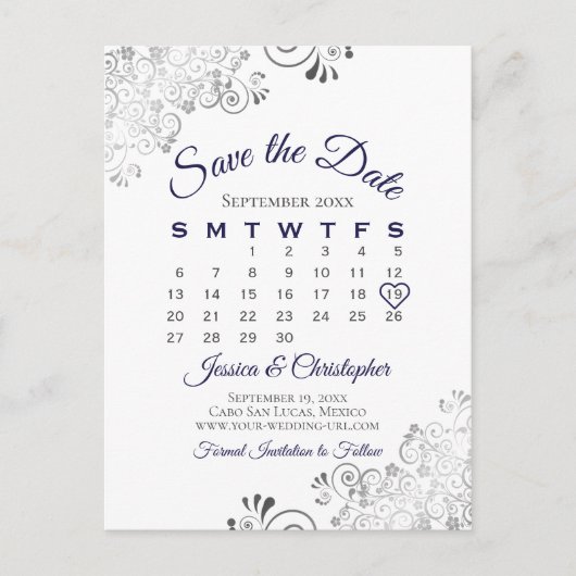 Navy Blue op White Wedding Save the Date Calendar Aankondigingskaart (Voorkant)