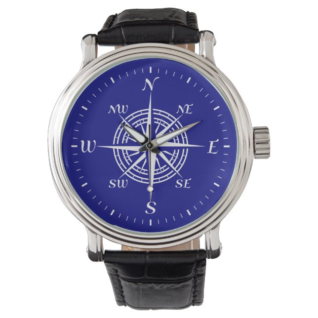 Navy Blue op witte Roos voor kustkompassen Horloge (Voorkant)