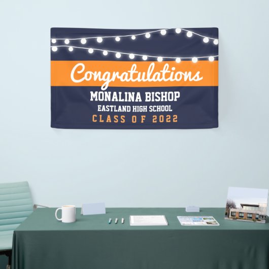 Navy Blue Oranje Afstuderen Vet Script Land Spandoek (Beurs)