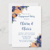 Navy Blue Oranje Botanical Floral Engagement Party Kaart (Voorkant)
