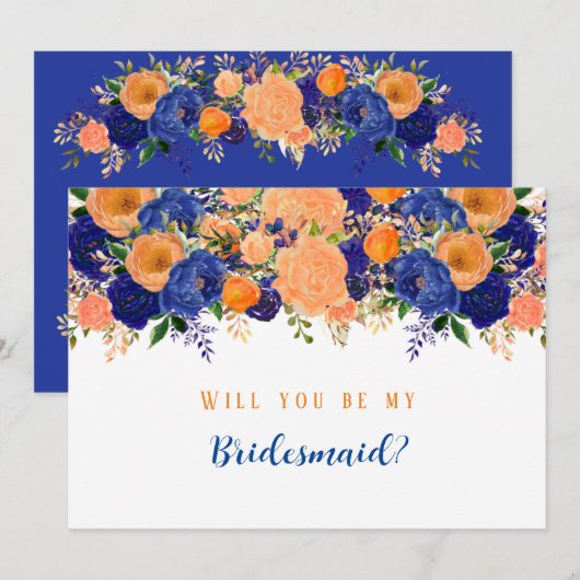 Navy Blue Oranje Floral... ben je mijn Bridesmaid Kaart (Voorkant / Achterkant)