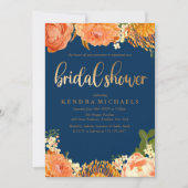 Navy Blue Oranje floral Bridal Shower Kaart (Voorkant)