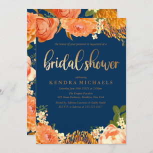 Navy Blue Oranje floral Bridal Shower Kaart
