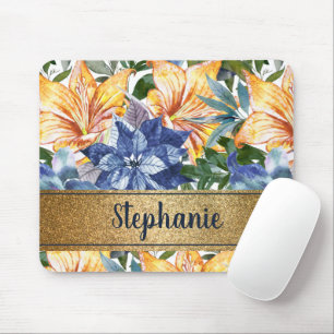 Navy Blue Oranje Floral Gold Name Script Muismat