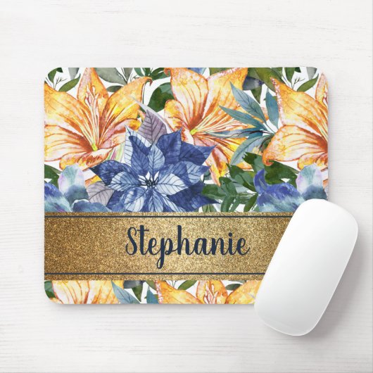 Navy Blue Oranje Floral Gold Name Script Muismat (Met muis)