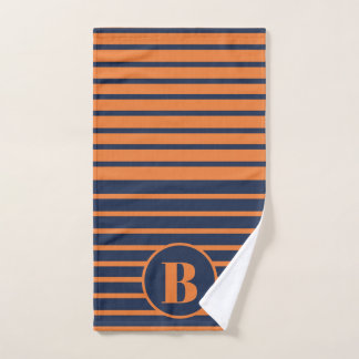 Navy Blue Oranje Gestreepte Monogram   Handdoek