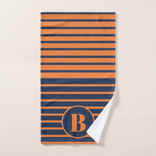 Navy Blue Oranje Gestreepte Monogram Handdoek (Handdoek)