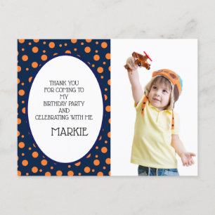 Navy Blue Oranje Polka Dot Birthday Dank je Briefkaart