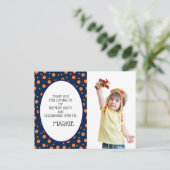 Navy Blue Oranje Polka Dot Birthday Dank je Briefkaart (Staand voorkant)