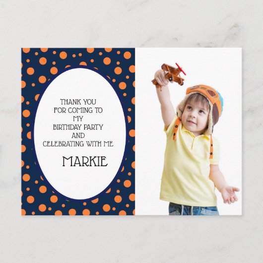 Navy Blue Oranje Polka Dot Birthday Dank je Briefkaart (Voorkant)