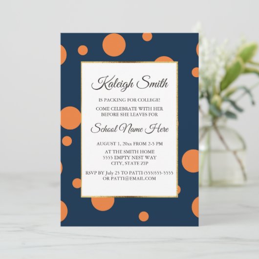 Navy Blue Oranje Polka Dot College Trunk Party Kaart (Staand voorkant)