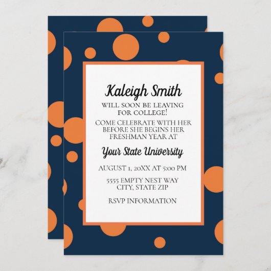 Navy Blue Oranje Stippen College Trunk Party Kaart (Voorkant / Achterkant)