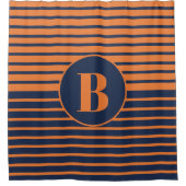 Navy Blue Oranje Striped Monogram Shower Curtain Douchegordijn (Voorkant)