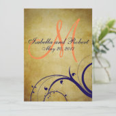 Navy Blue Oranje Vintage Wedding Invitation Kaart (Staand voorkant)