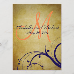Navy Blue Oranje Vintage Wedding Invitation Kaart
