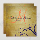 Navy Blue Oranje Vintage Wedding Invitation Kaart (Voorkant / Achterkant)