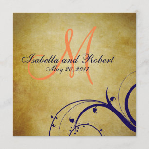 Navy Blue Oranje Vintage Wedding Invitation Kaart