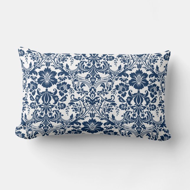 Navy Blue Ornamental Floral Damask Pattern Kussen (Voorkant)