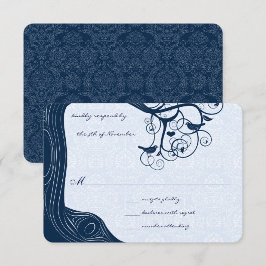 Navy Blue Outdoor Garden Tree Lovebird Wedding RSVP Kaartje (Voorkant / Achterkant)