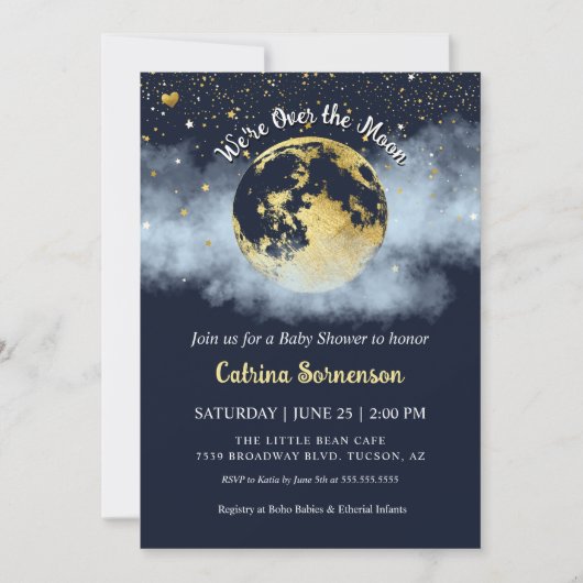 Navy Blue Over the Moon Celestial Gold Baby shower Kaart (Voorkant)
