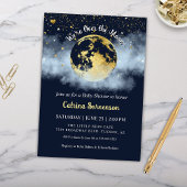 Navy Blue Over the Moon Celestial Gold Baby shower Kaart