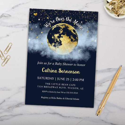 Navy Blue Over the Moon Celestial Gold Baby shower Kaart