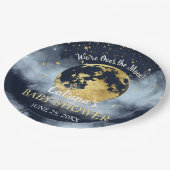 Navy Blue Over the Moon en Sterren Baby shower Papieren Bordje (Gekanteld)