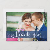 Navy Blue Overlay Script Weddenfoto Hartelijk dank Bedankkaart (Voorkant)