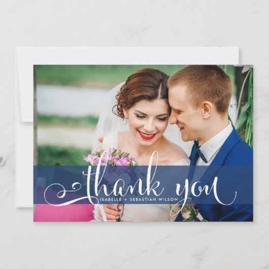 Navy Blue Overlay Script Weddenfoto Hartelijk dank Bedankkaart (Voorkant)