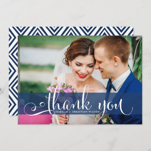 Navy Blue Overlay Script Weddenfoto Hartelijk dank Bedankkaart (Voorkant / Achterkant)