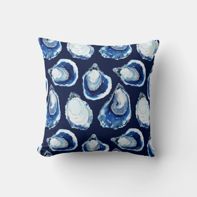 Navy Blue Oyster Half Shell Coastal Theme Kussen (Voorkant)