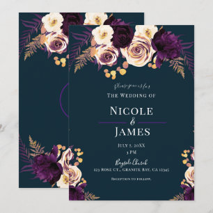 Navy Blue Paars Dark Floral Greenery Wedding Kaart