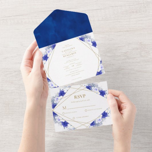 Navy Blue Paars Gold Lettering Geometric Wedding All In One Uitnodiging (Afscheurbaar)