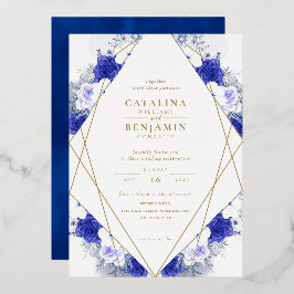 Navy Blue Paars Gold Lettering Geometric Wedding Folie Uitnodiging